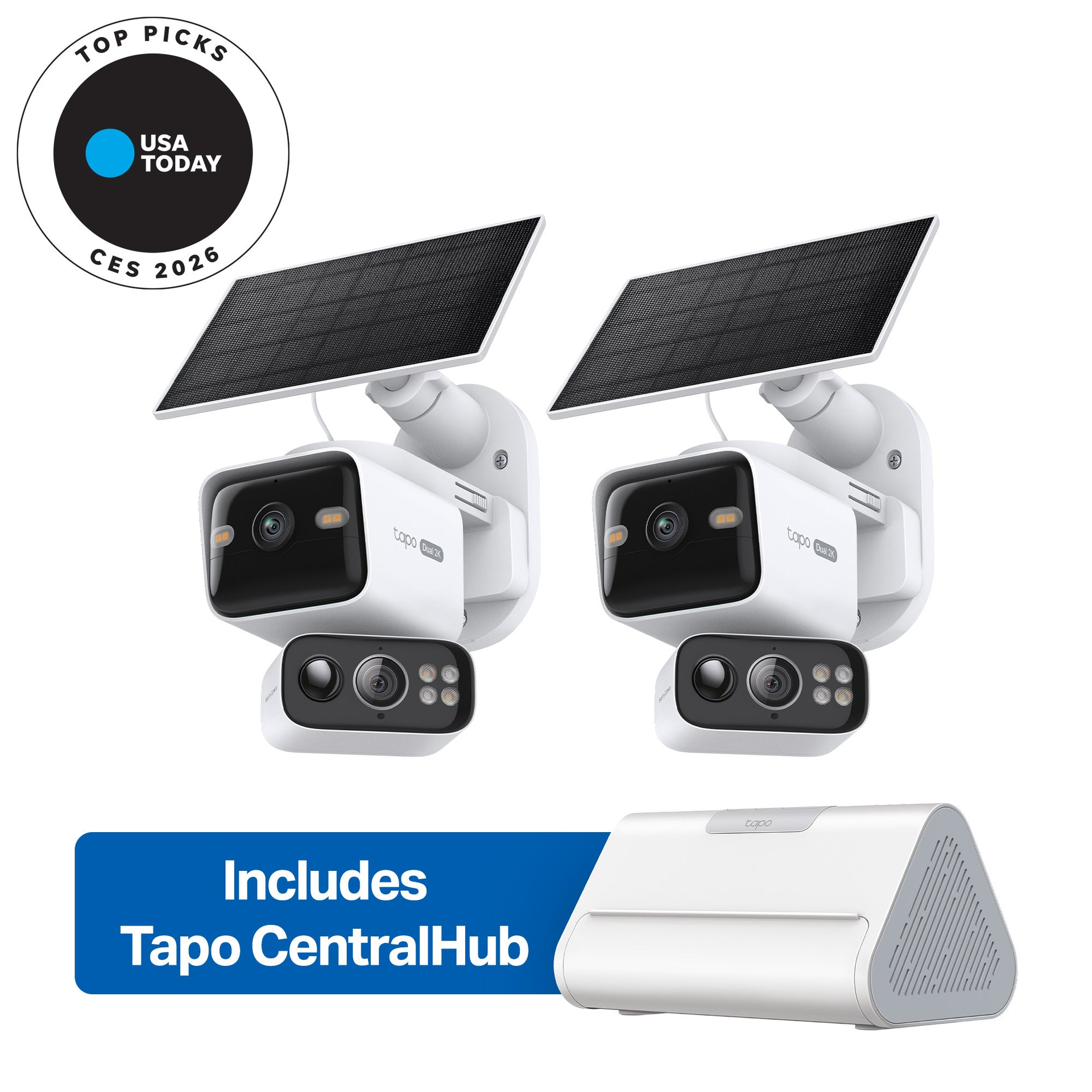 2K Dual-Lens Solar Pan/Tilt Security Camera Smart CentralHub Bundle, Tapo C645D Kit 2-Pack + H500