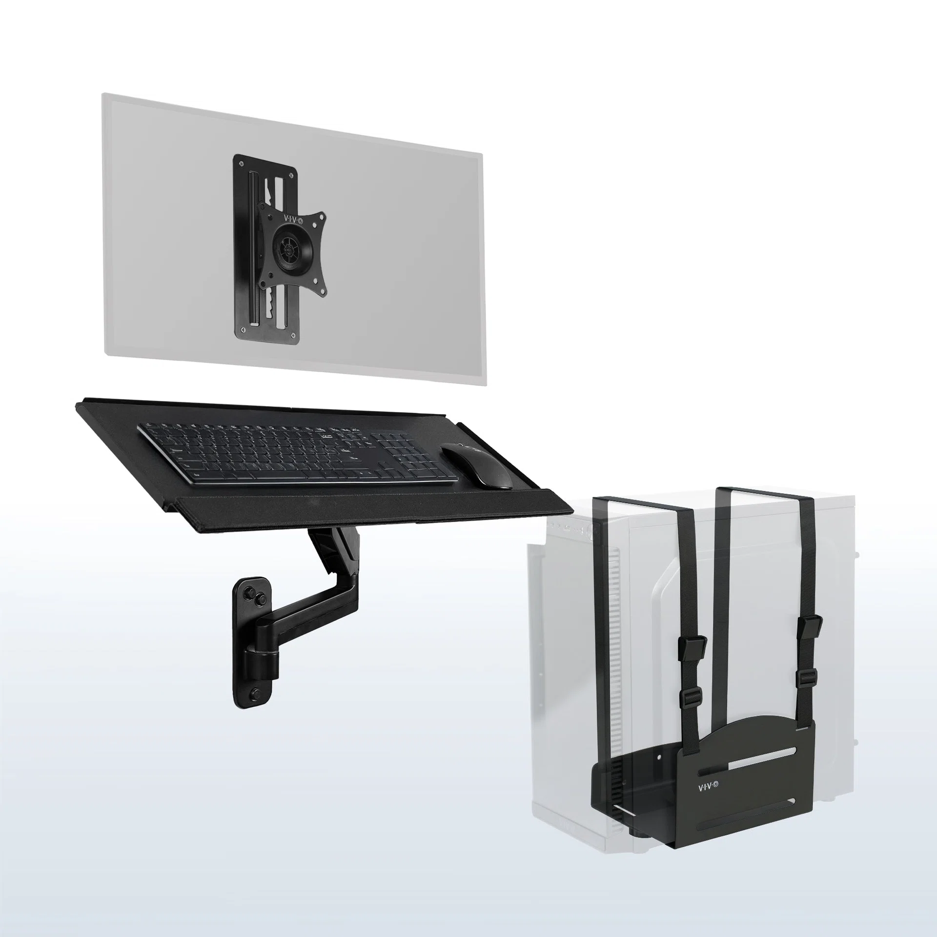 Single Monitor Wall Mount + Keyboard Tray Wall Mount + PC Wall Mount - 17" to 32" Screens