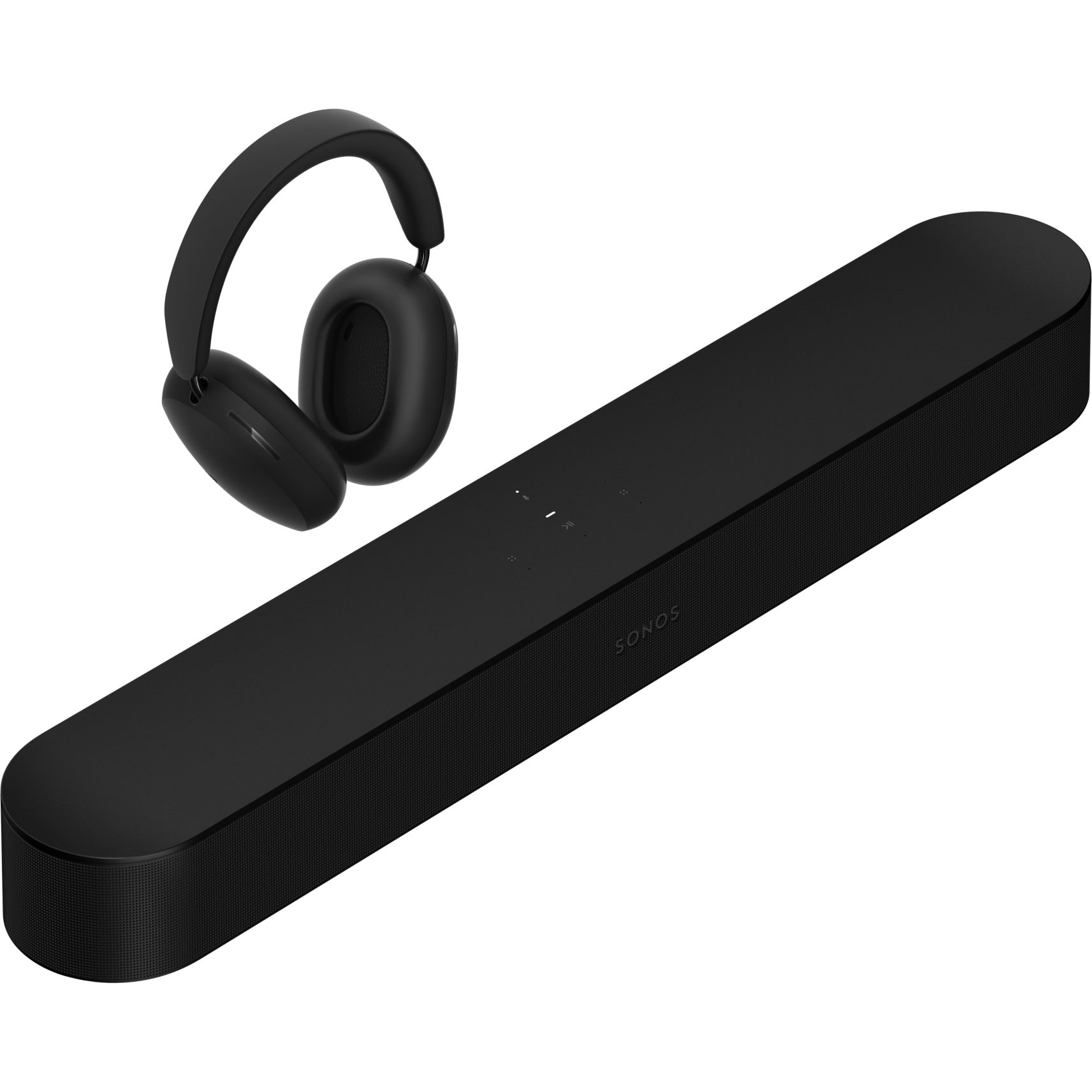 Black Sonos Ace headphones with a black Beam