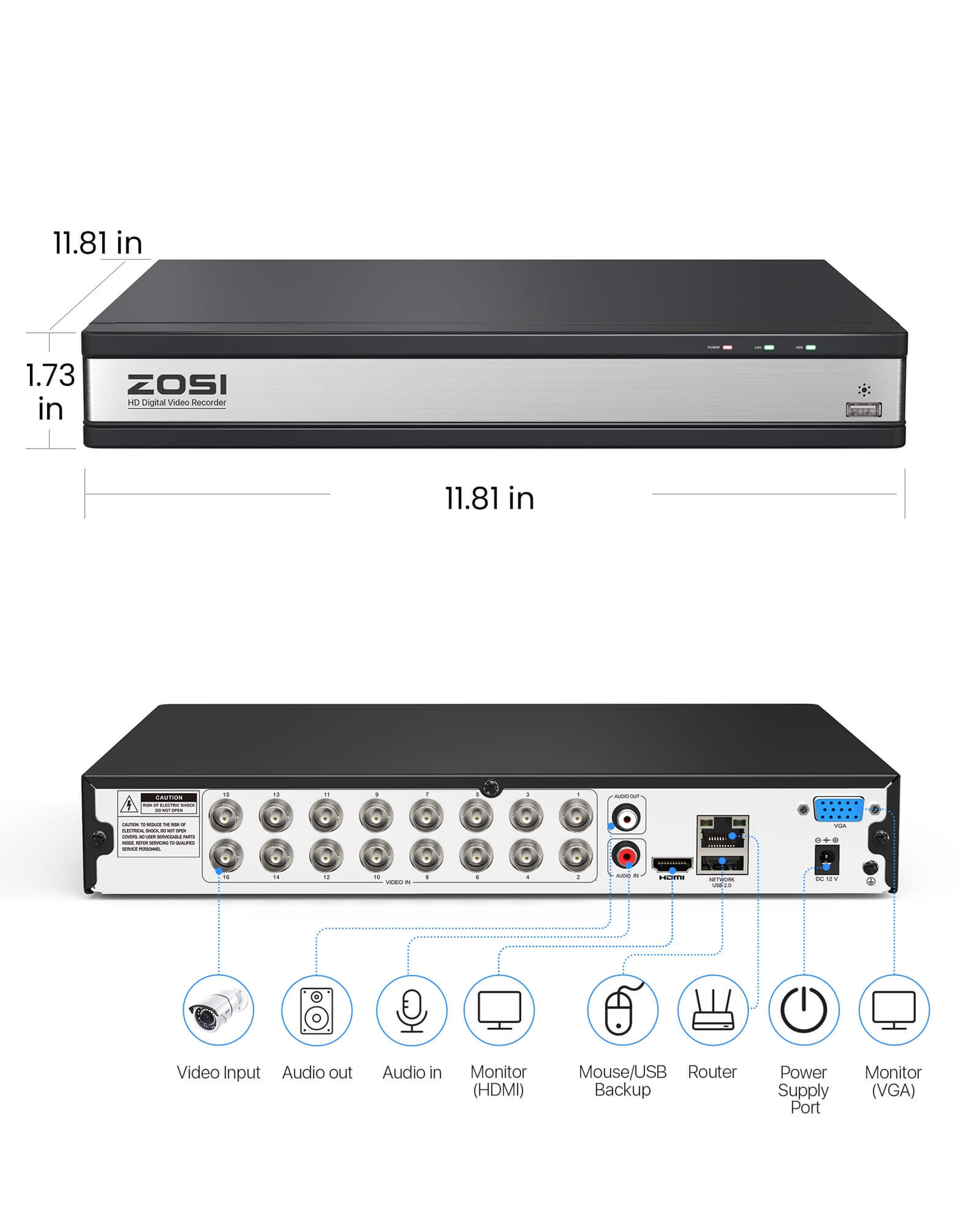 Included 16-channel analog DVR — 16FK-106W16S-40-US