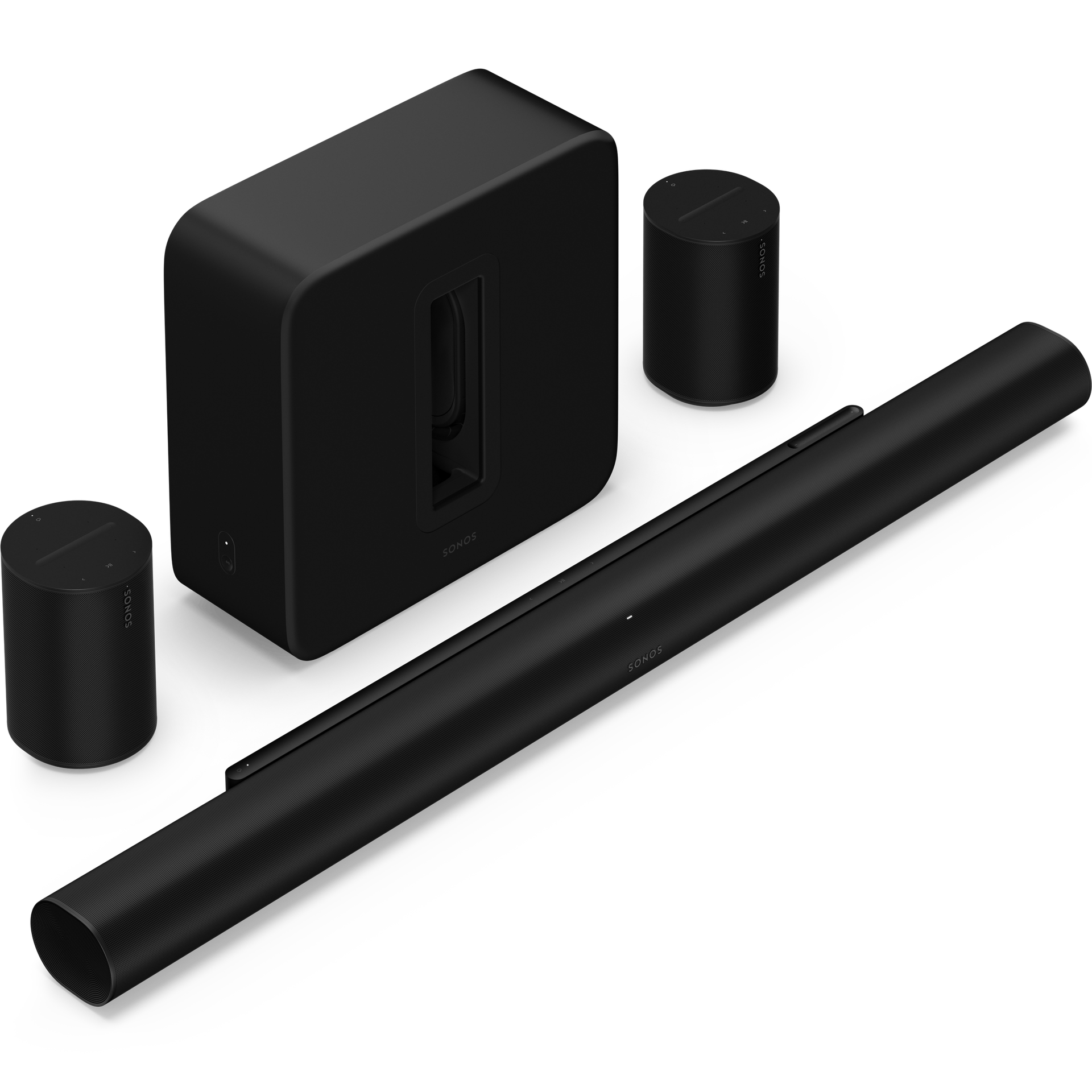 Set with a black Arc Ultra, a black Sub 4, and a pair of black Era 100 speakers