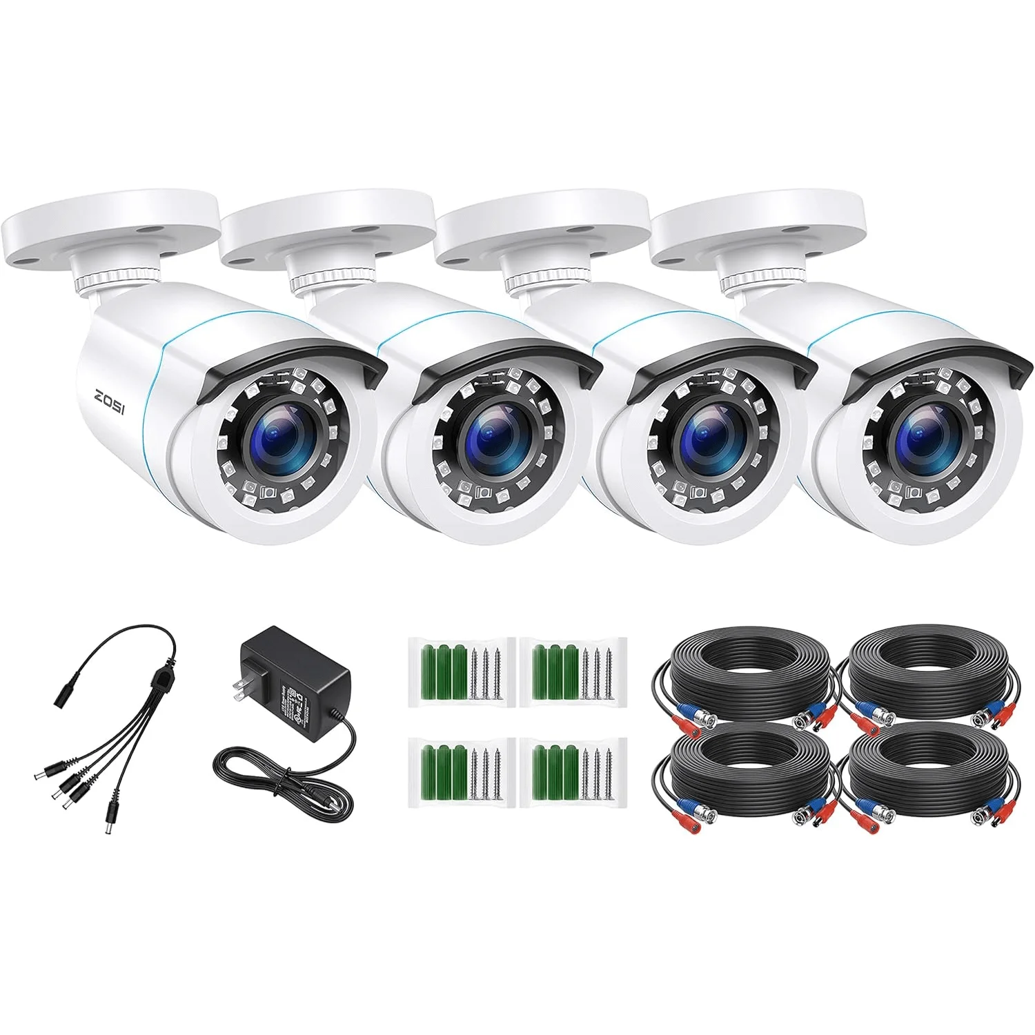 C106 2pack/4pack 1080P HD-TVI Security Cameras + 60 ft BNC Cable (ZG1062B) — White — 4-Camera Pack