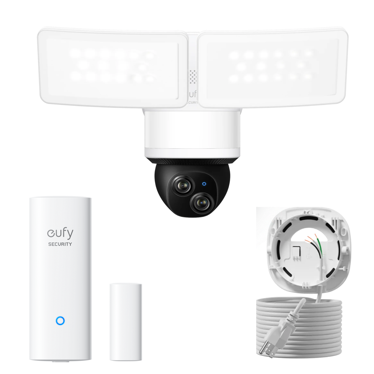 eufy Floodlight Camera E340 with AC Cable + Entry Sensor · Complete bundle overview