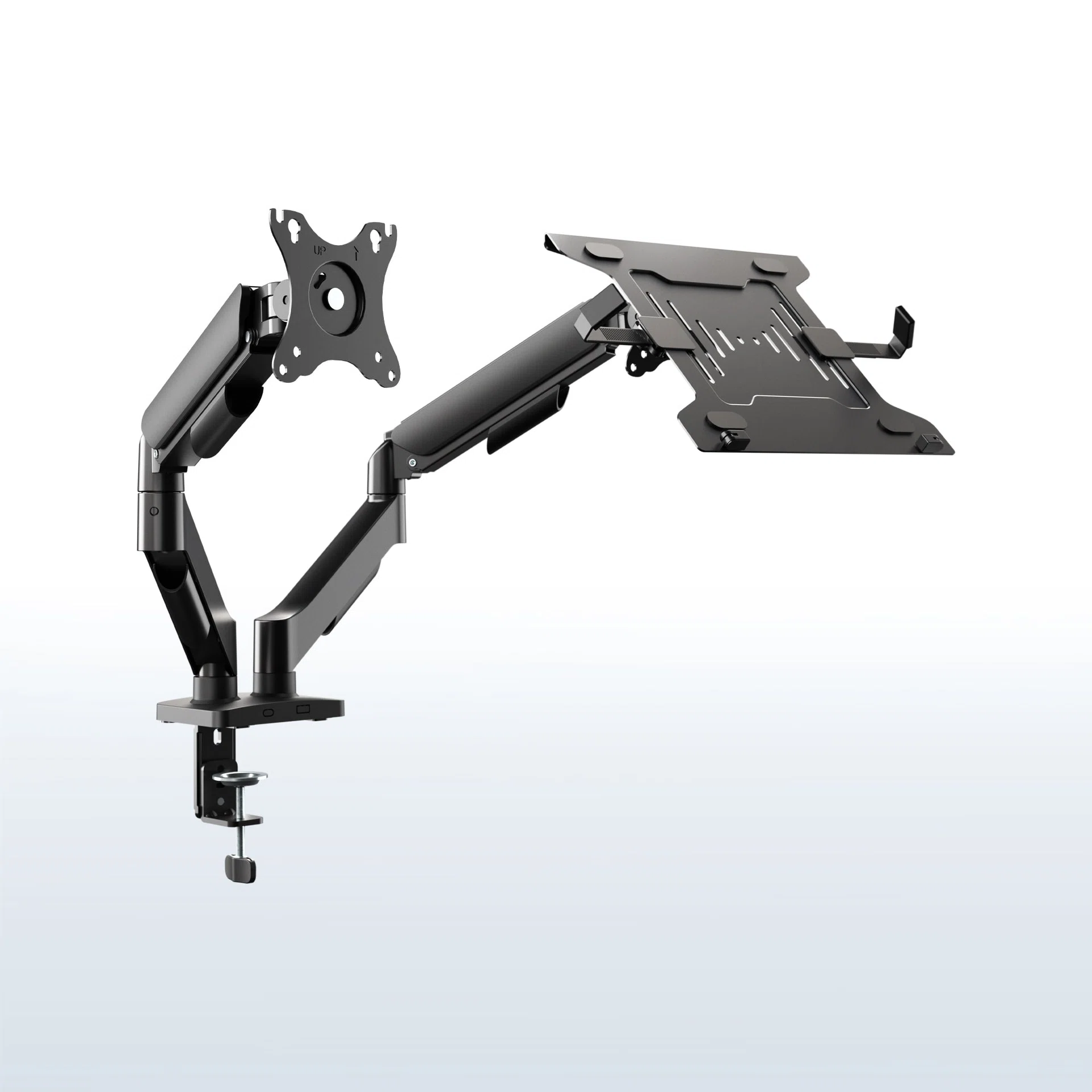 Mechanical Arm Single Monitor and Laptop Desk Mount - Up to 32" Screens, 15.6" Laptops