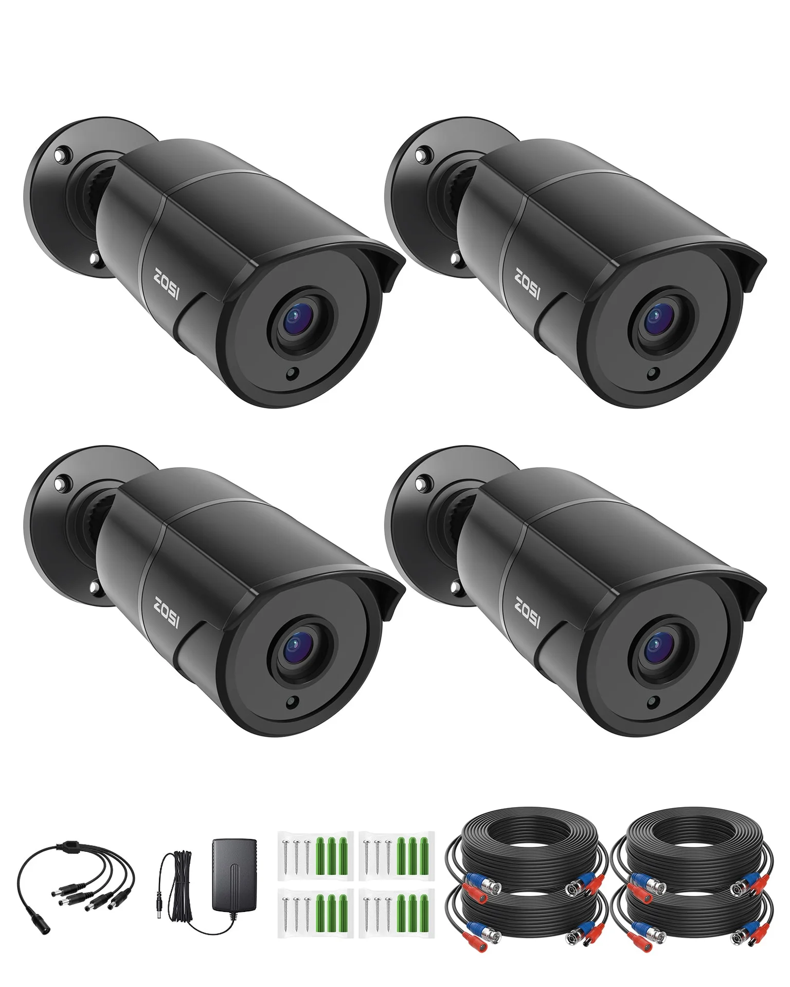 C261 2pack/4pack 1080P Analog Security Cameras with Audio + 60 ft BNC Cable — Black — 4-Camera Pack