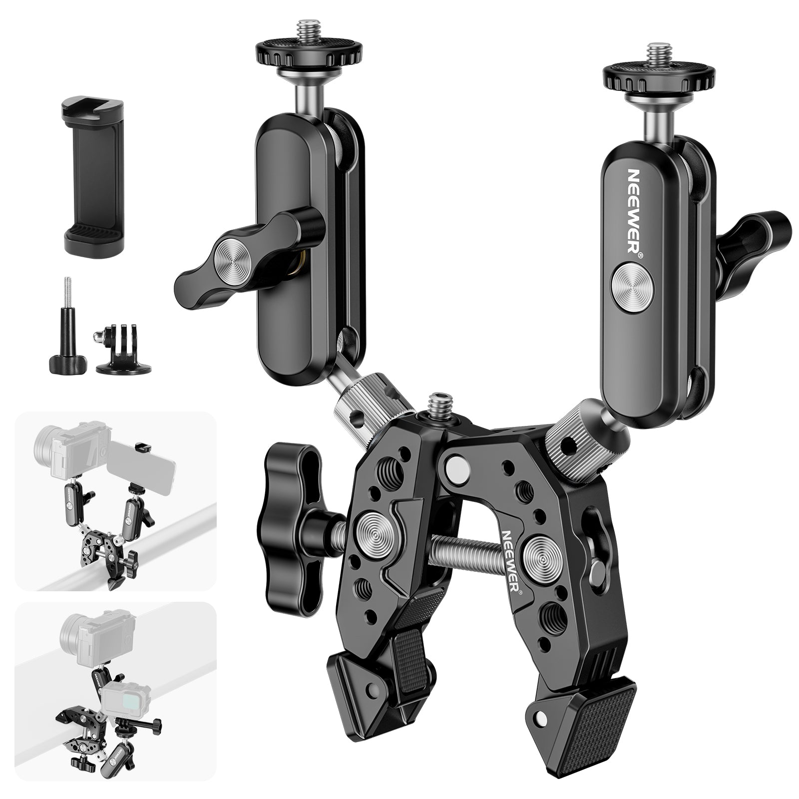 Heavy Duty Super Clamp with Two 360° Dual Ball Head Magic Arms