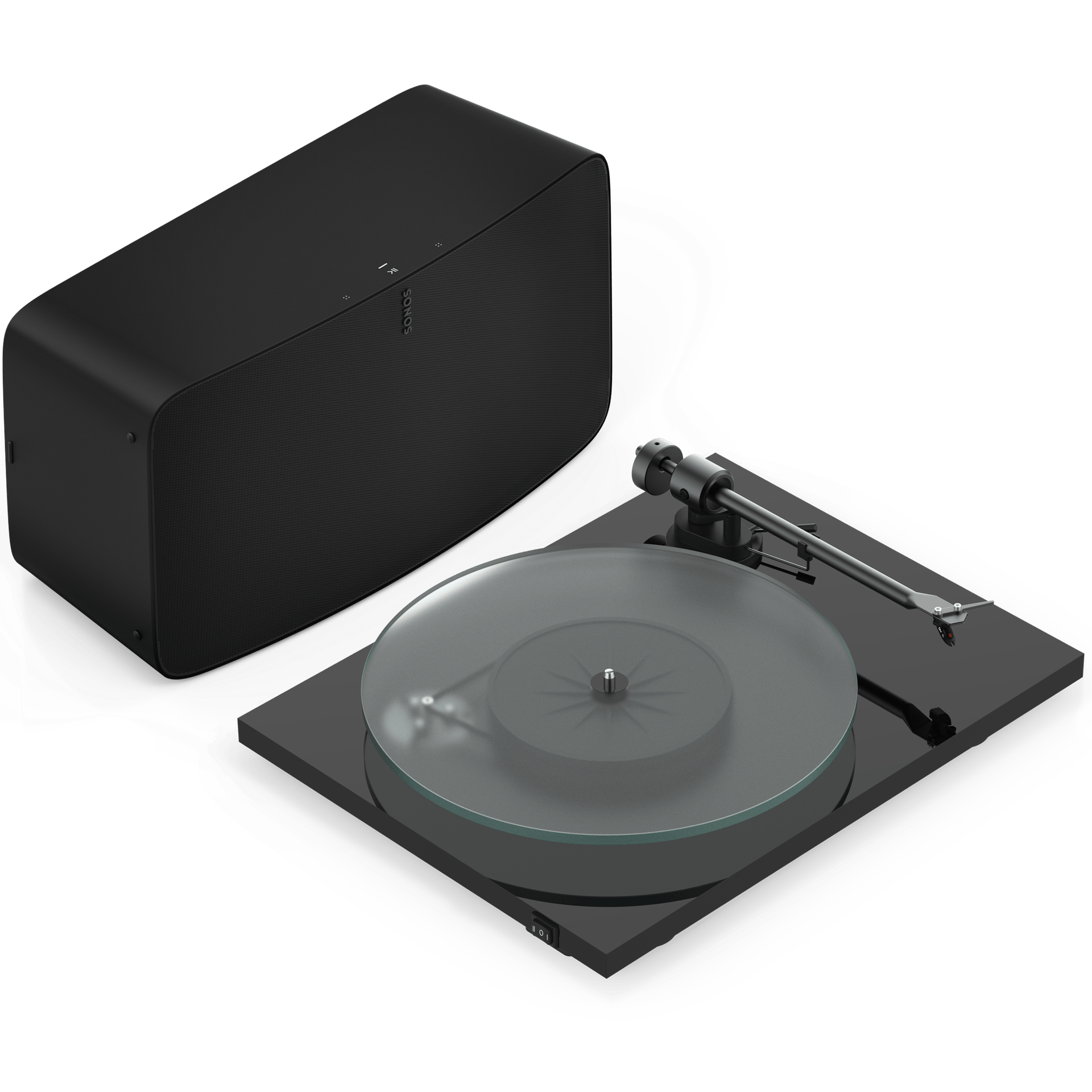 Overhead angle view of a black Sonos Five with a black Pro-Ject T1 Evo Phono turntable
