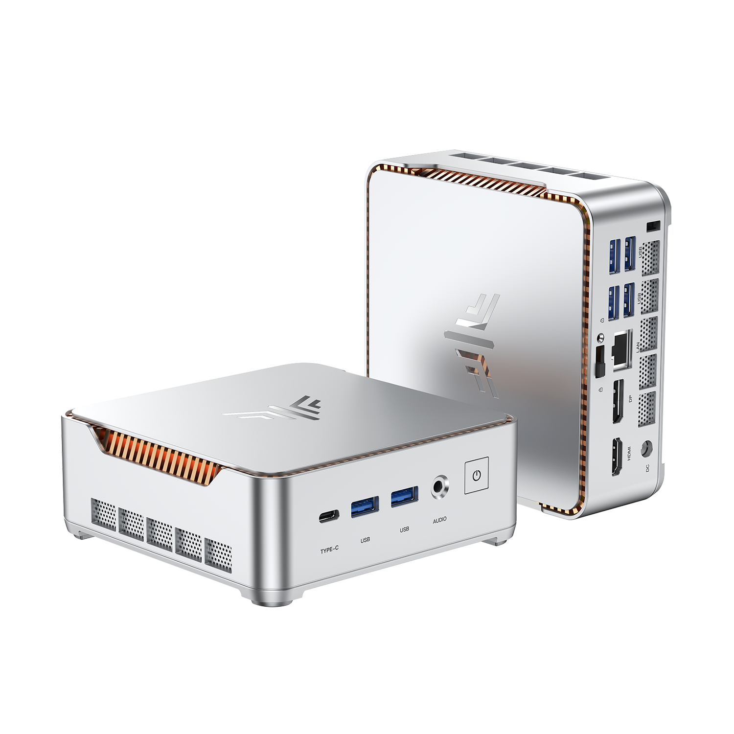 KAMRUI P2 AMD Ryzen™ Embedded R2544 / Intel Core 5 320 Mini PC · Original front and rear hardware views
