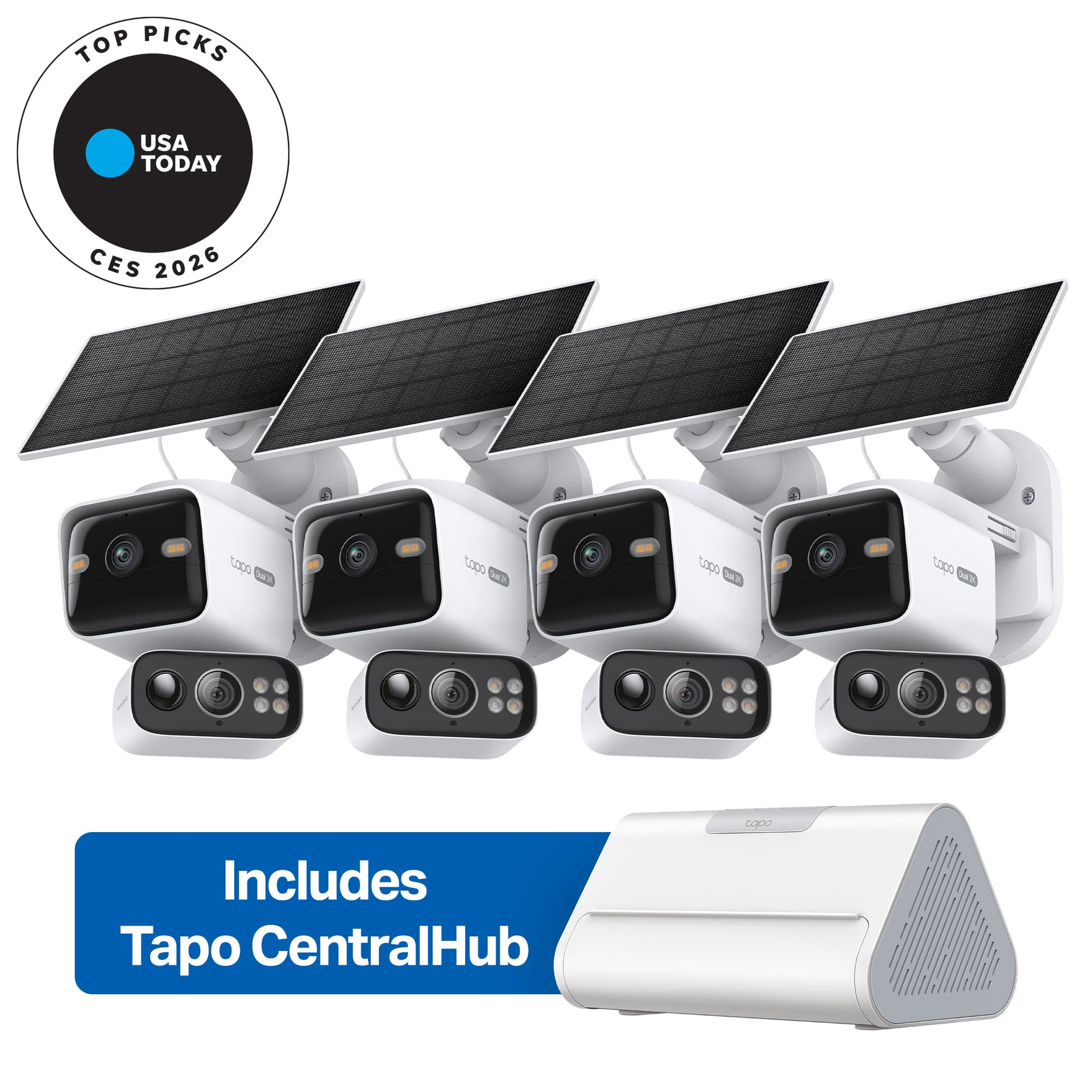 TP-Link 2K Dual-Lens Solar Pan/Tilt Security Camera Smart CentralHub Bundle, Tapo C645D Kit 4-Pack + H500 — Product view
