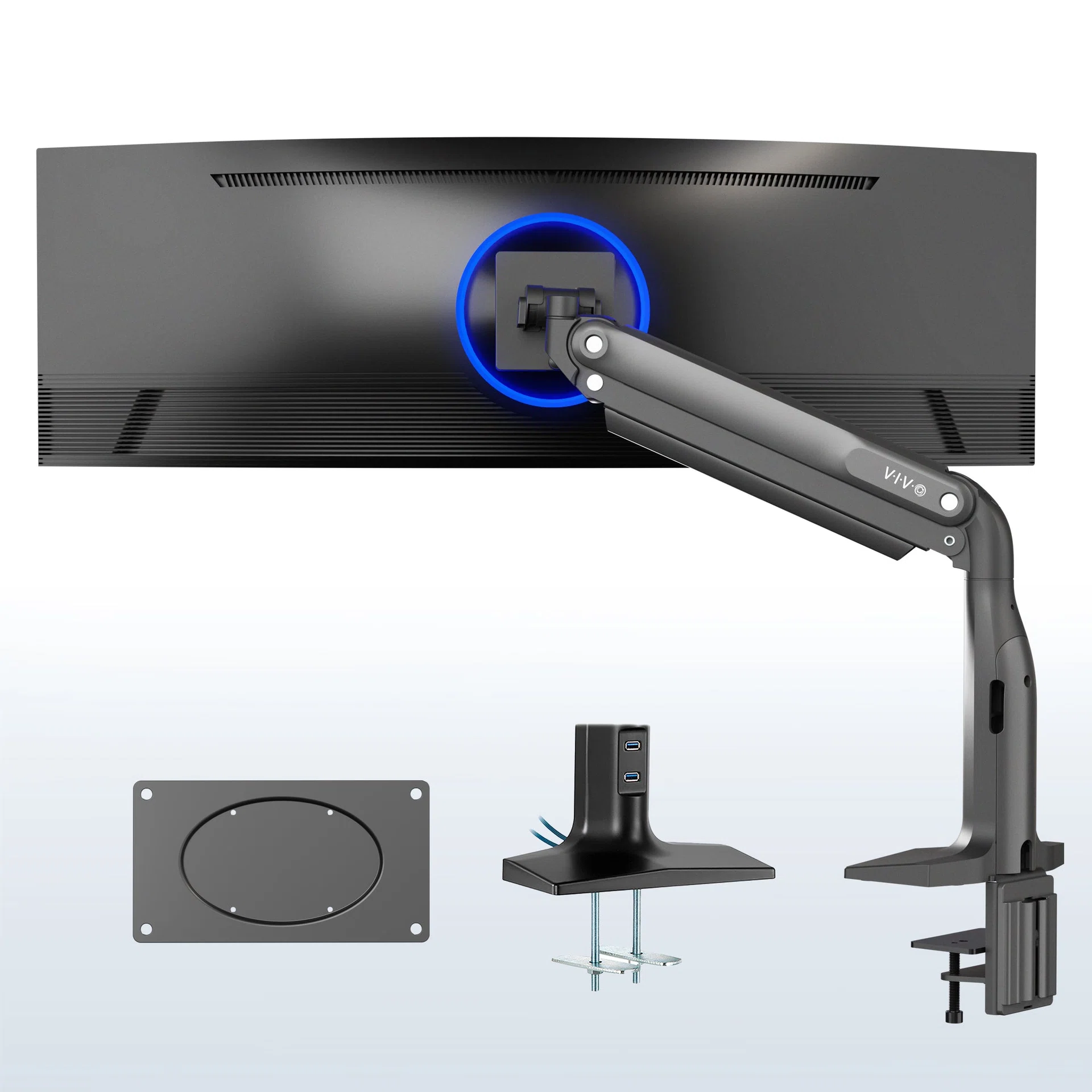 Pneumatic Arm Single Ultrawide Monitor Desk Mount with USB - Up to 49" Screens