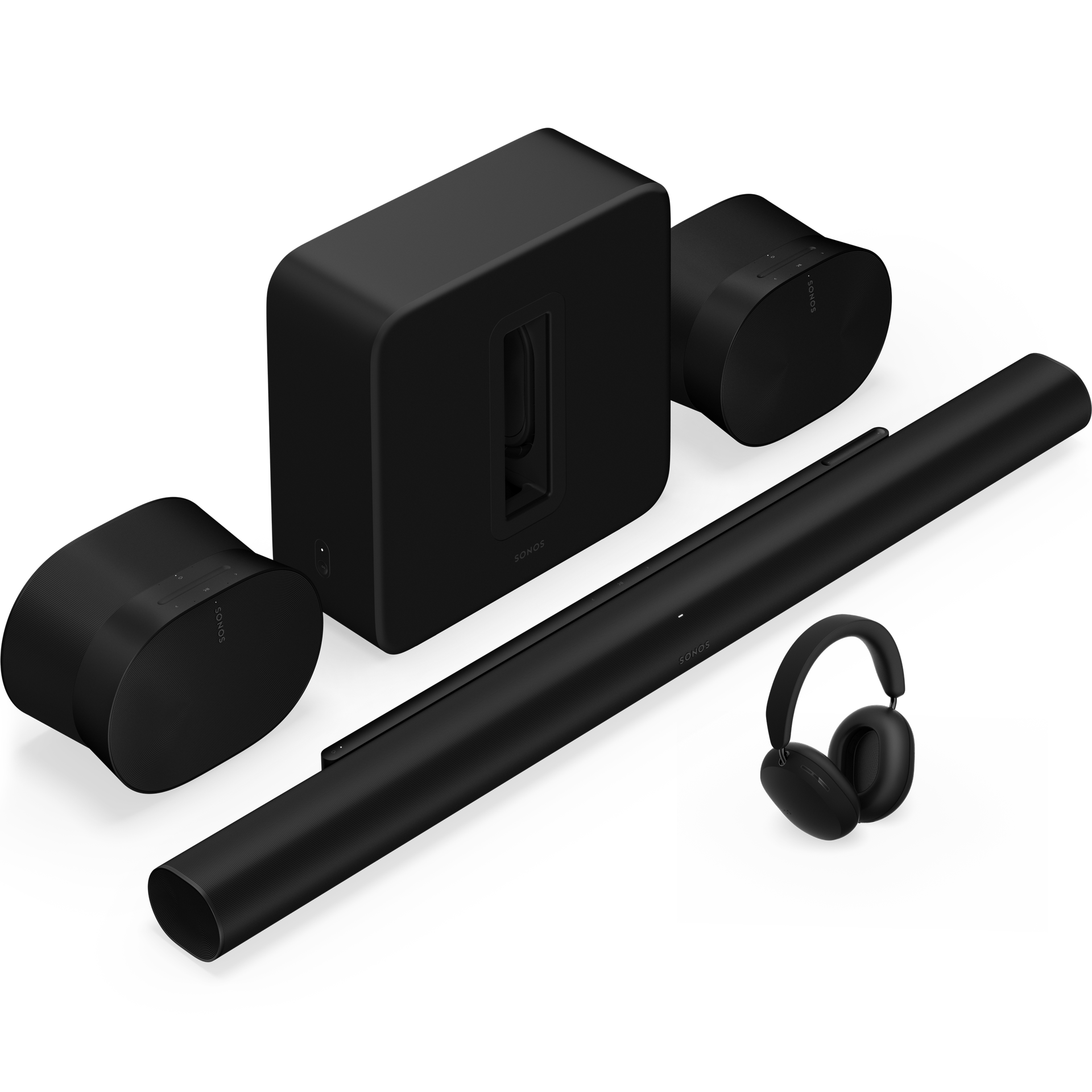 A black set with Arc Ultra, Sonos Ace, Sub 4, and a pair of Era 300 speakers