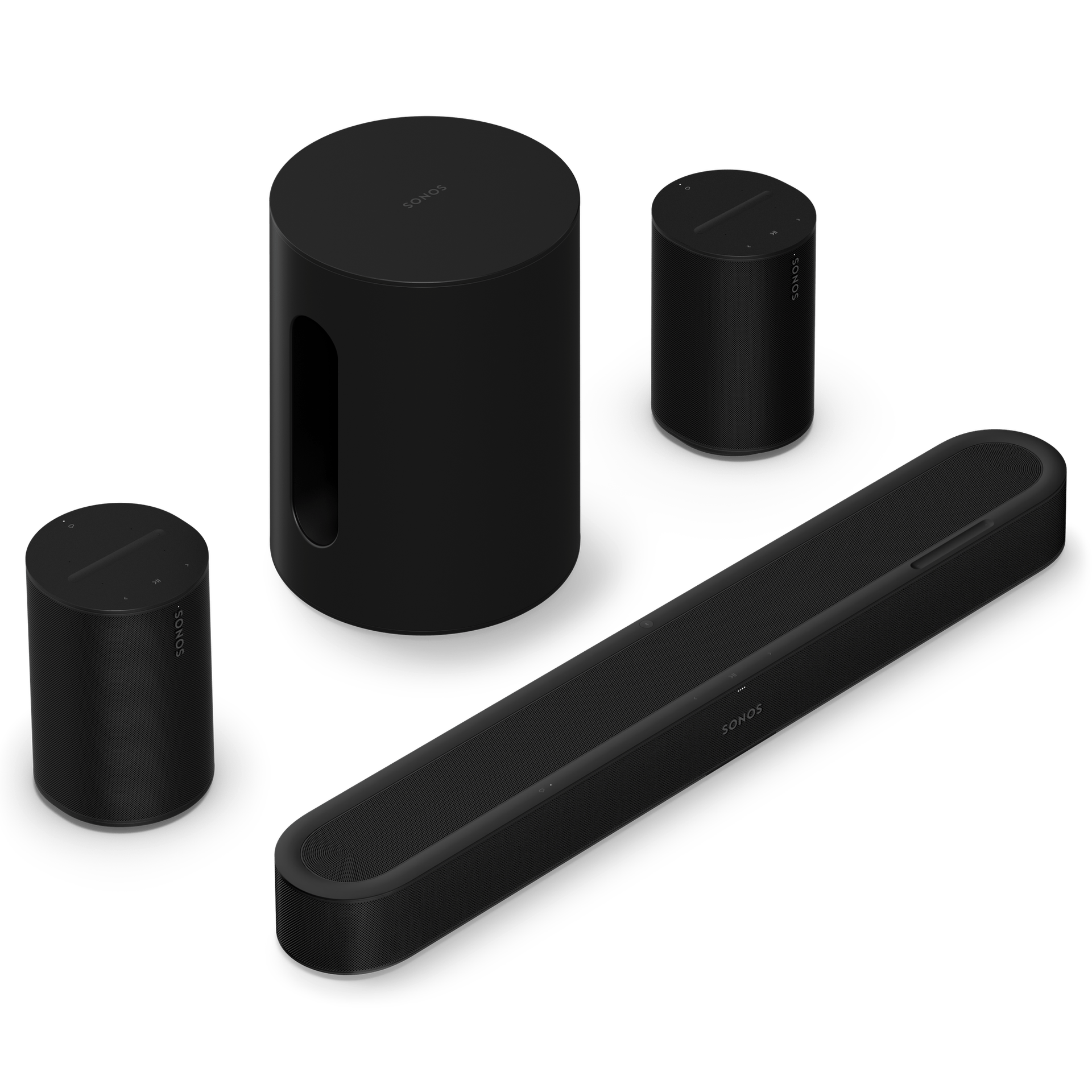 Beam Ultra in black with Era 100 speakers and Sub Mini