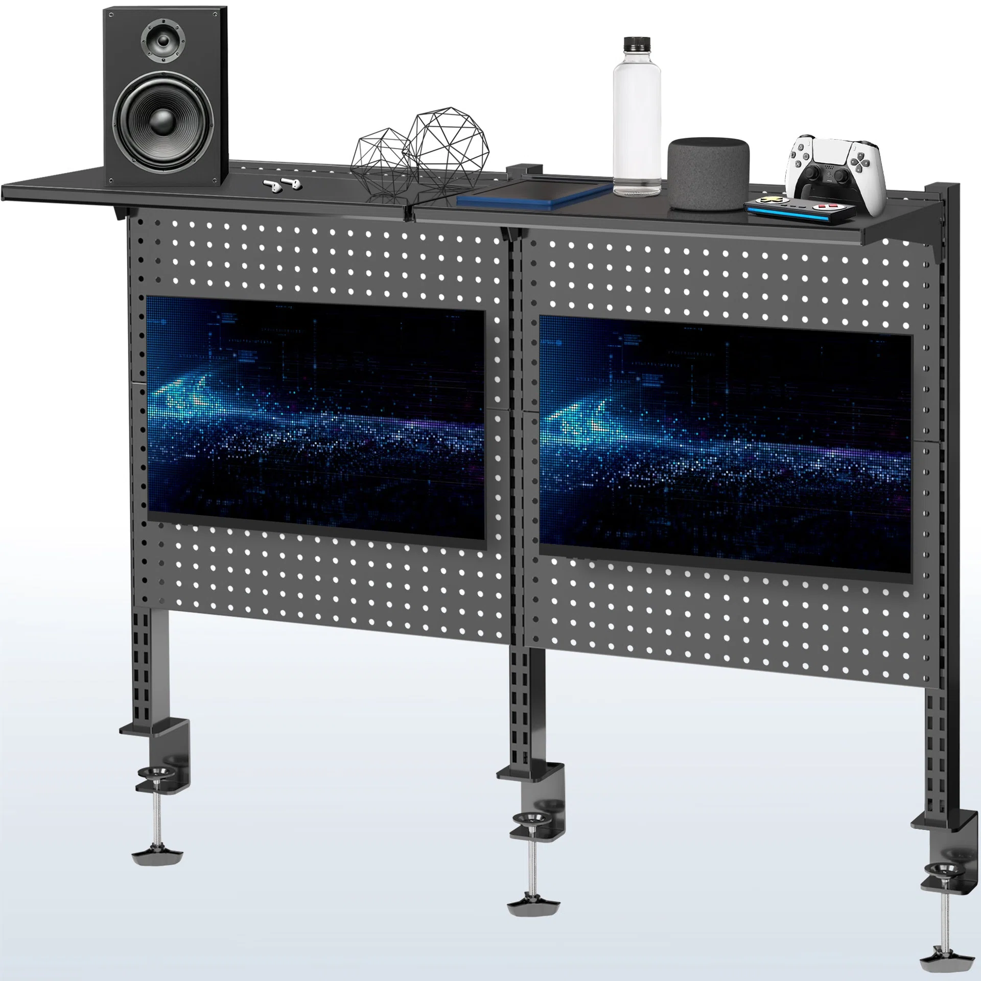 VIVO Clamp-on Pegboard with Monitor Mounts & Shelf - Up to 32" Screens — Clamp-on Pegboard with Monitor Mounts & Shelf - Up to 32" Screens — Product view
