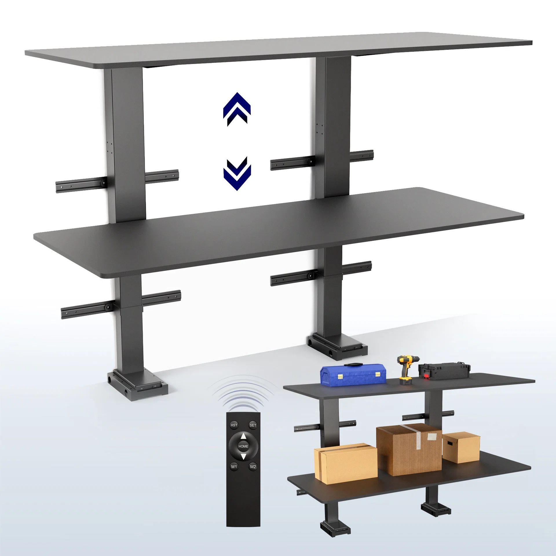 VIVO 60" x 24" Electric Height Adjustable Dual Shelf Workbench — Black — Product view
