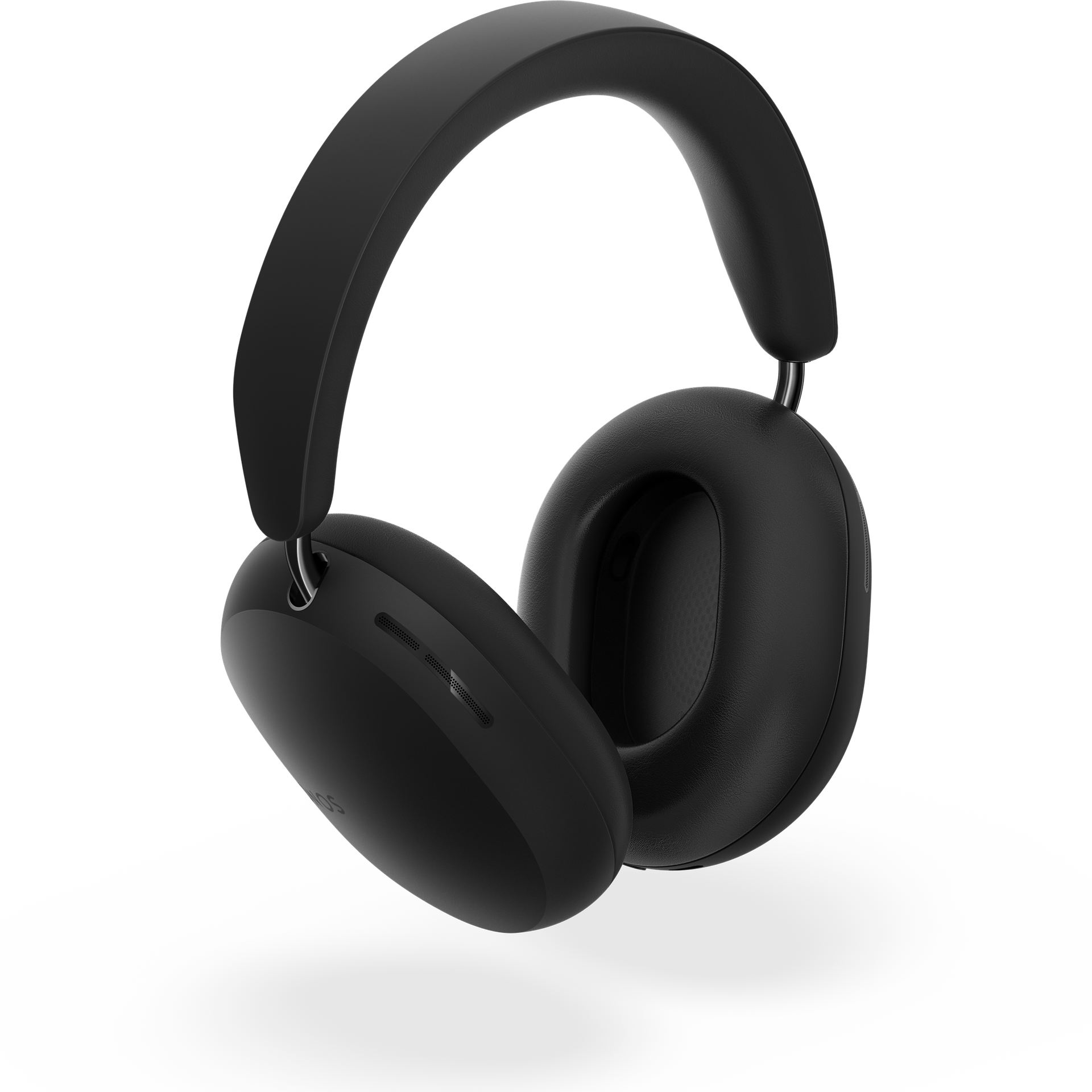 Sonos Ace headphones in black, floating over shadow, turned at slight angle