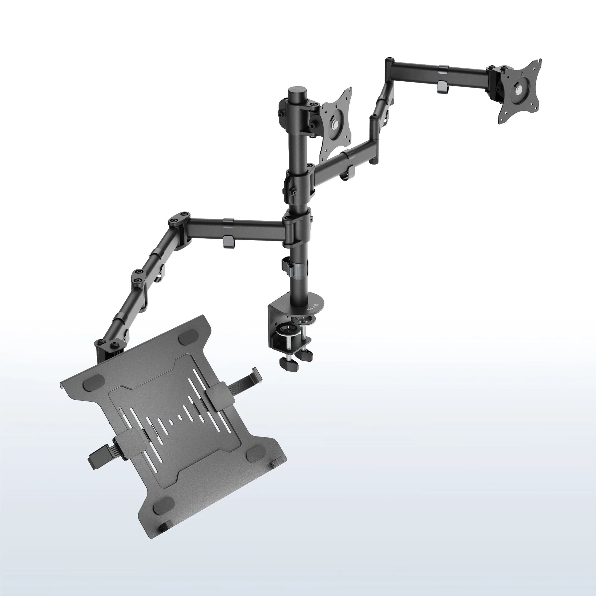 Dual Monitor + Single Laptop Desk Mount - Up to 27" Screens, 15.6" Laptops