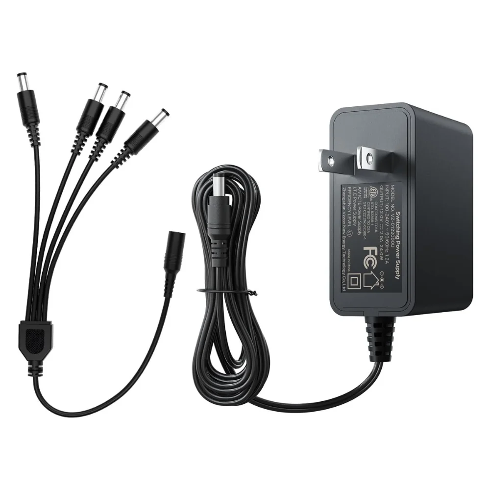12V 2A 100V-240V AC to DC Power Supply Adapter + 4-Way Power Splitter Cable
