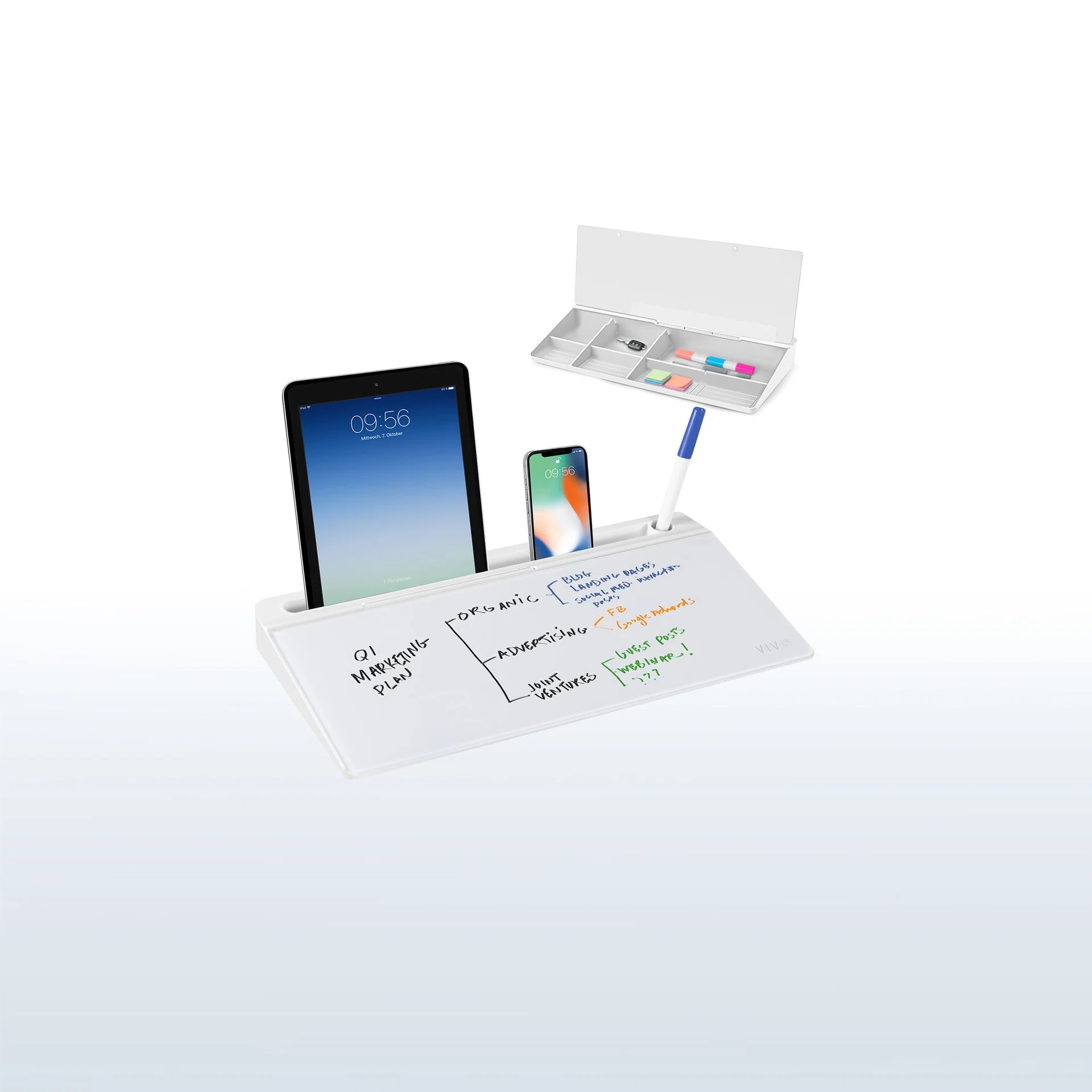 Glass 16" x 7" Desktop Whiteboard with Storage