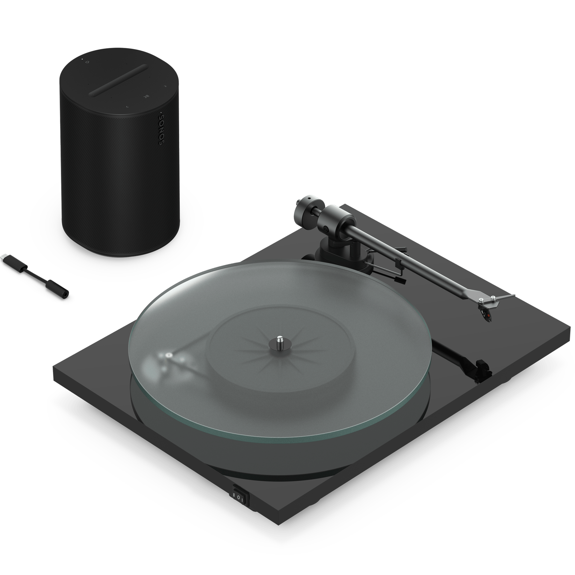 Overhead angle view of a black Sonos Era 100 with a black Pro-Ject T1 Evo Phono turntable and a black line-in adapter
