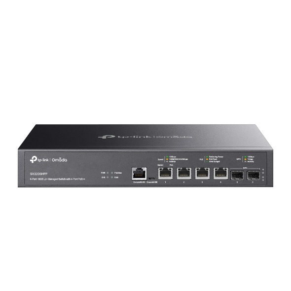 TP-Link Omada 4-Port 10G and 2-Port 10GE SFP+ L2+ Managed PoE Switch with 4x PoE++, SX3206HPP — Product view
