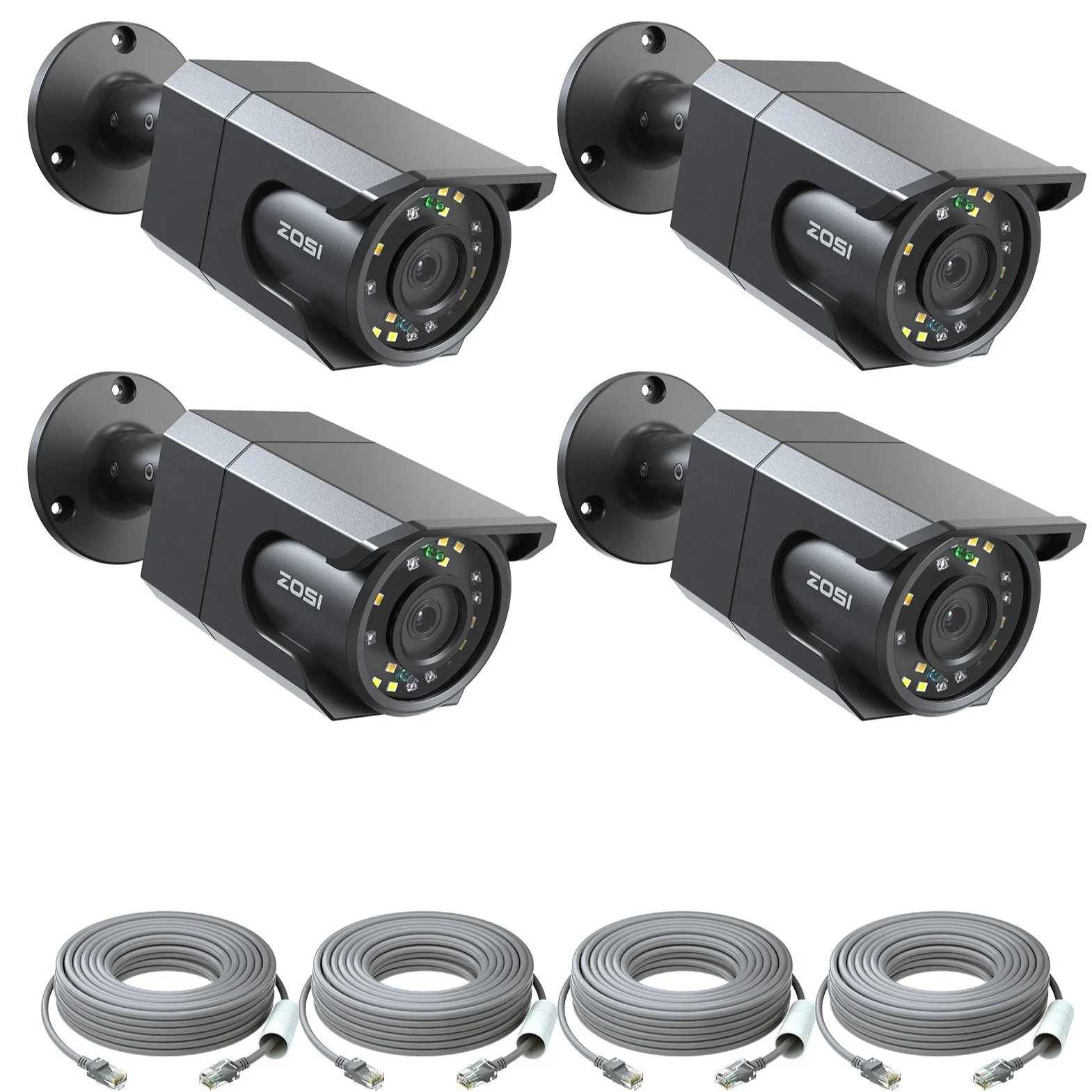 C105 4K PoE Camera with IR Night Vision + 60 ft Ethernet Cable — Black — 4-Camera Pack