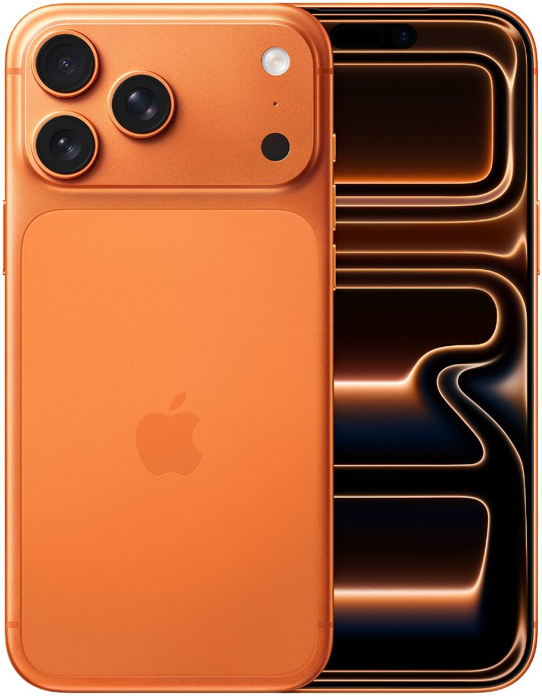 iPhone 17 Pro Max Cosmic Orange · Selected finish, front and rear overview (one phone)
